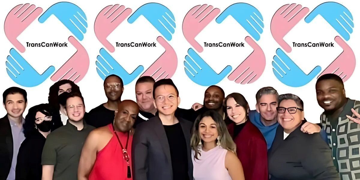 Trans Can Work staff and supporters smiling together in front of the Trans Can Work logo